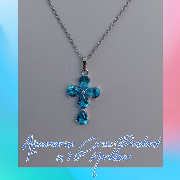 AQUAMARINE CROSS PENDANT NECKLACE BRAND NEW - Picture 1 of 5